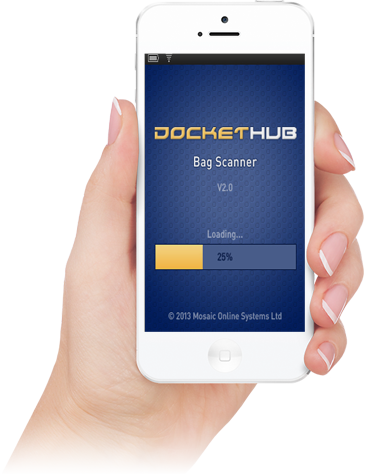 user holding mobile phone displaying the Dockethub app
